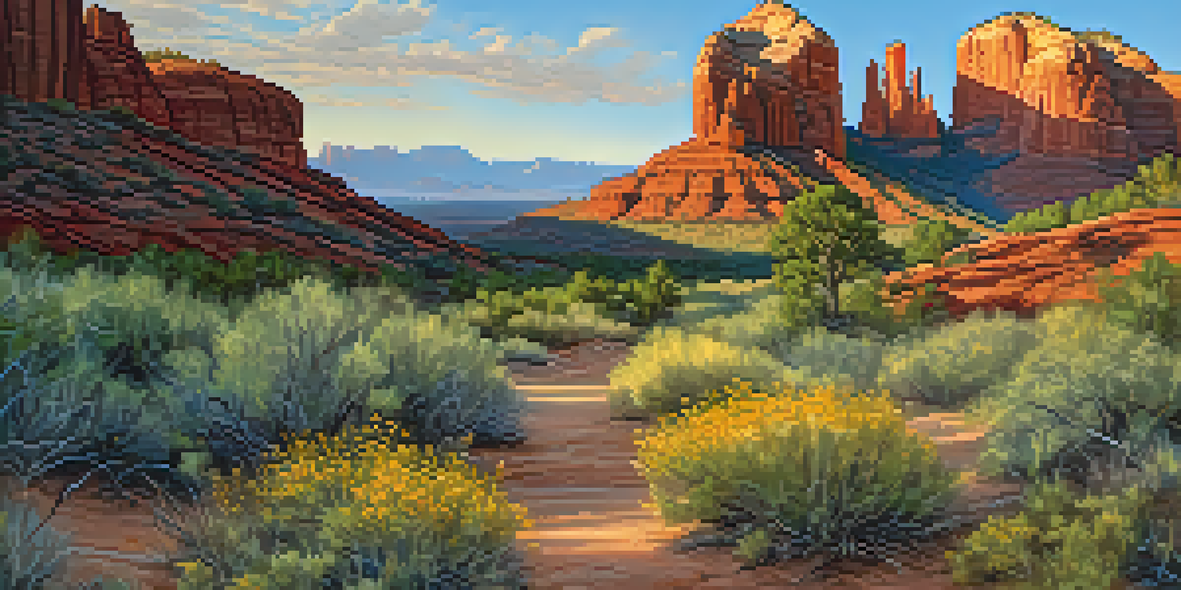 A scenic view of Cathedral Rock Trail with red rock formations, a soaring hawk, and a grazing deer, illuminated by morning sunlight.