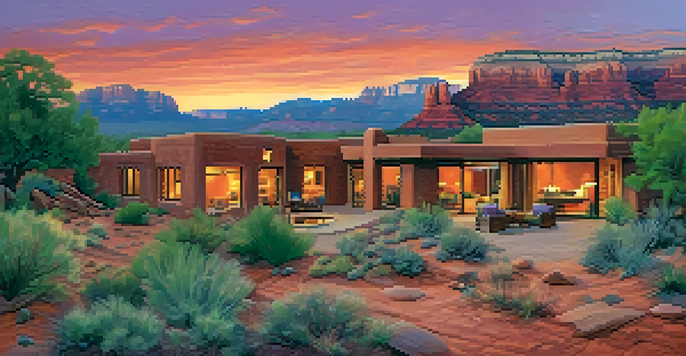 A scenic view of Sedona's red rock formations at sunset, with an adobe-style house in the foreground.