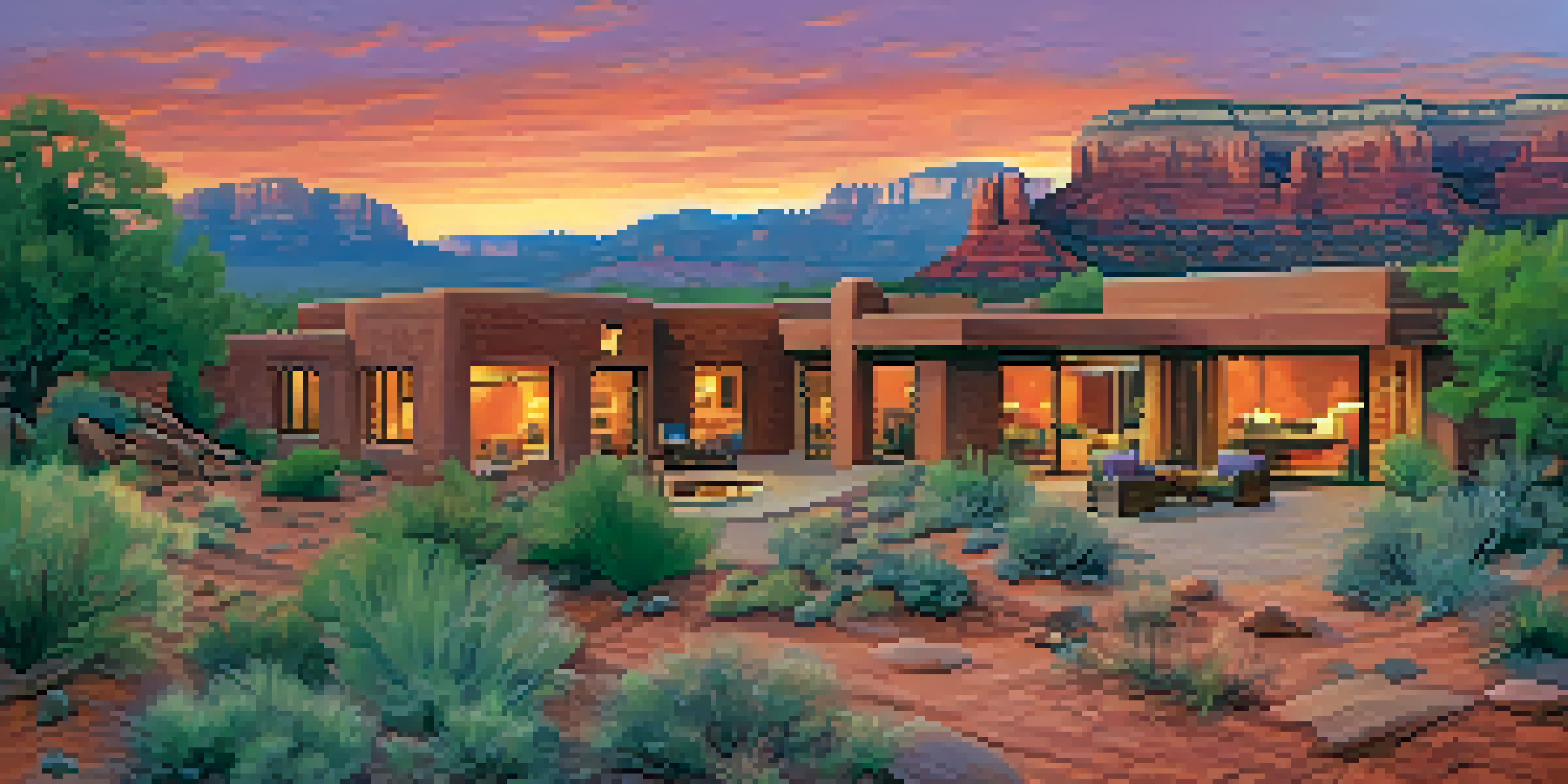 A scenic view of Sedona's red rock formations at sunset, with an adobe-style house in the foreground.