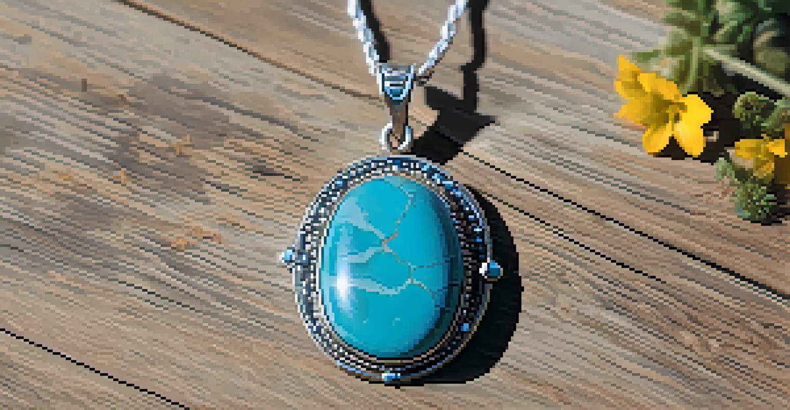 A close-up of a turquoise pendant in silver on a wooden surface, surrounded by small desert flowers and pebbles.