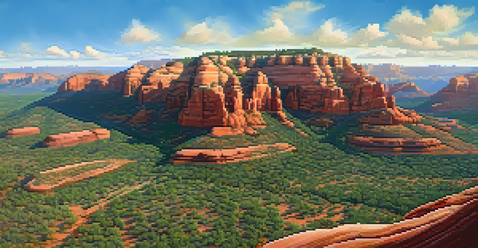 Aerial view of Sedona's vortex locations with red rocks and greenery, indicating trails and energy patterns.