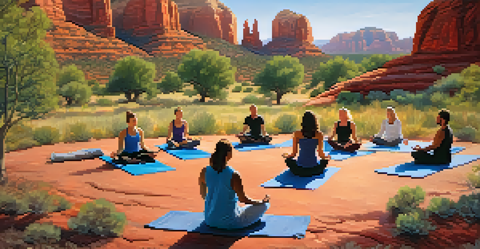 A group of people meditating outdoors in Sedona, surrounded by red rock formations and trees.