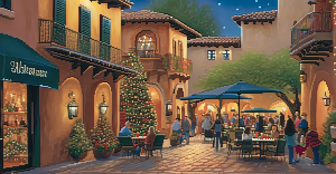 A festive scene in Sedona's Tlaquepaque Arts & Shopping Village, featuring Spanish-style buildings decorated with twinkling holiday lights and families enjoying the festive atmosphere.