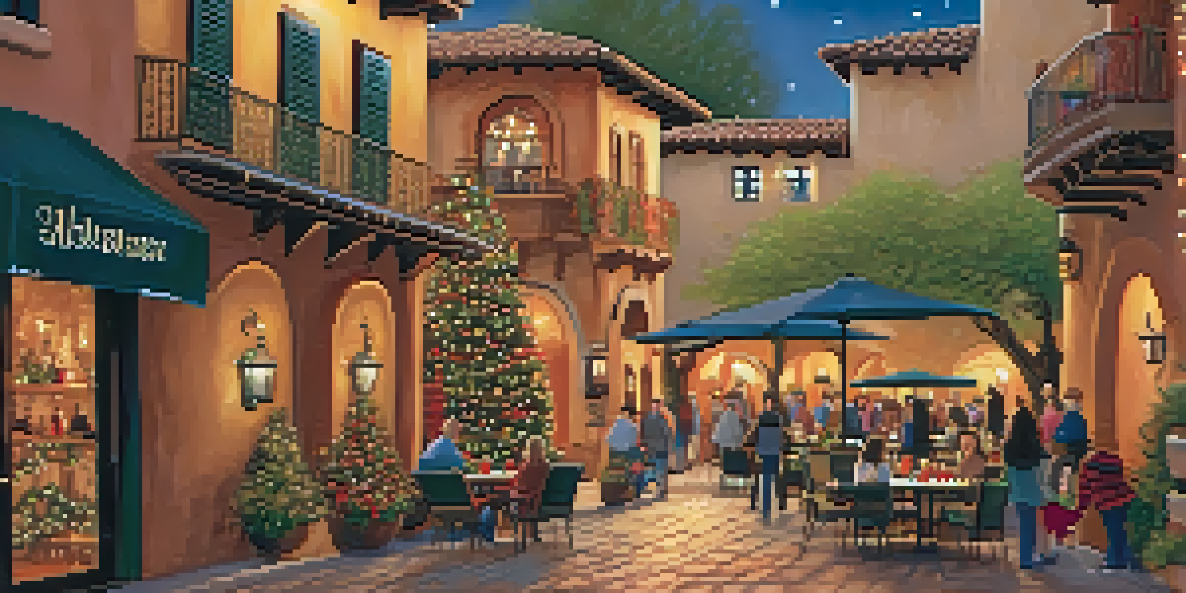 A festive scene in Sedona's Tlaquepaque Arts & Shopping Village, featuring Spanish-style buildings decorated with twinkling holiday lights and families enjoying the festive atmosphere.