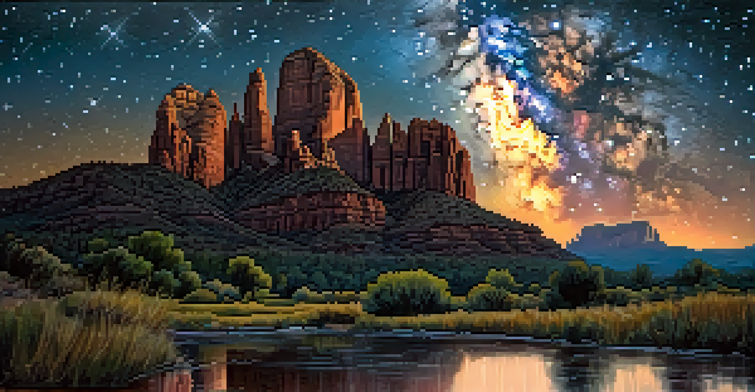 A striking view of Cathedral Rock with the Milky Way above, featuring hikers in the foreground.