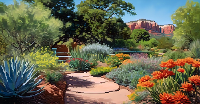 A beautiful garden filled with colorful native plants and volunteers working together under a clear blue sky, with sunlight filtering through the leaves.