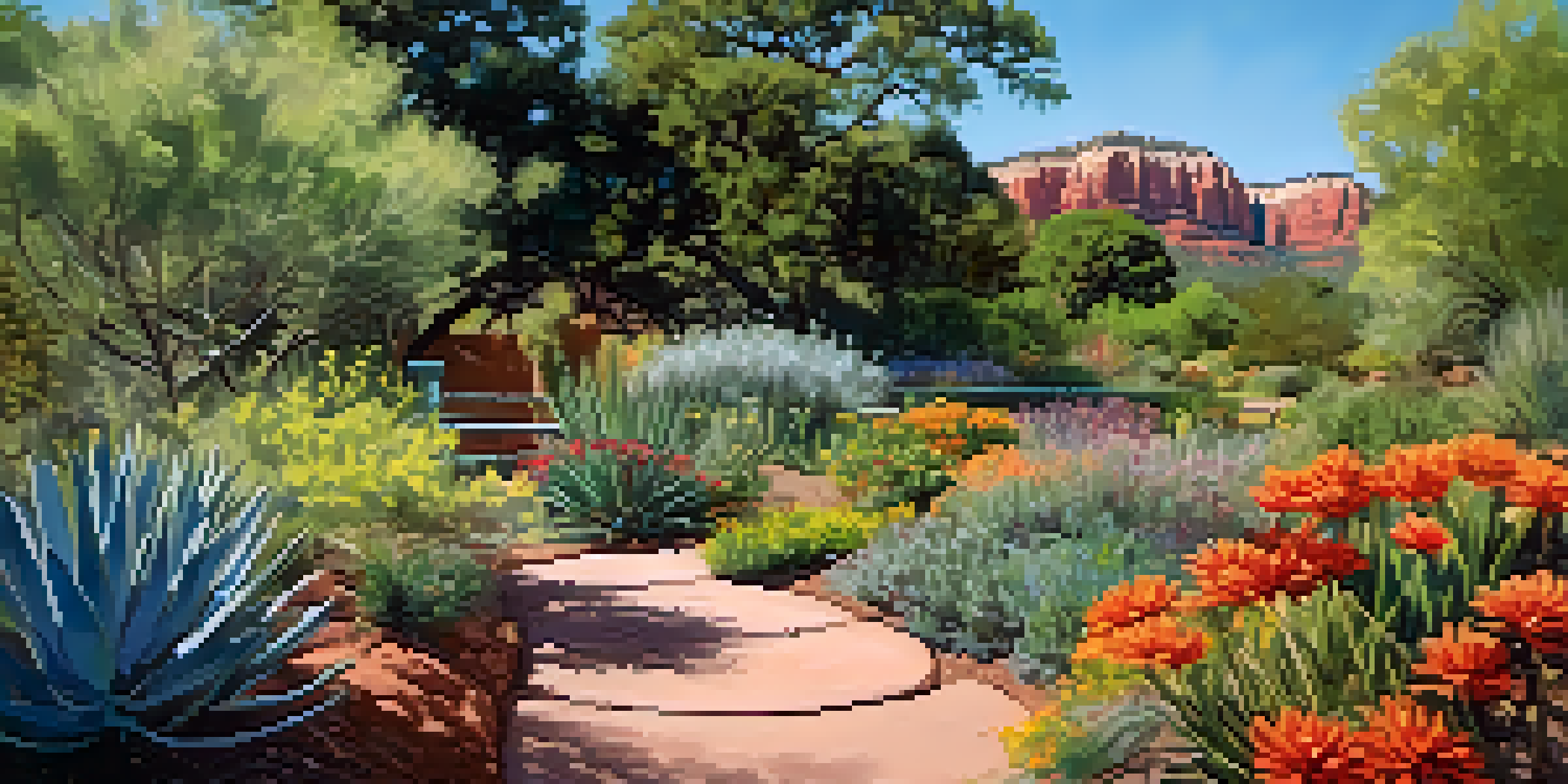 A beautiful garden filled with colorful native plants and volunteers working together under a clear blue sky, with sunlight filtering through the leaves.