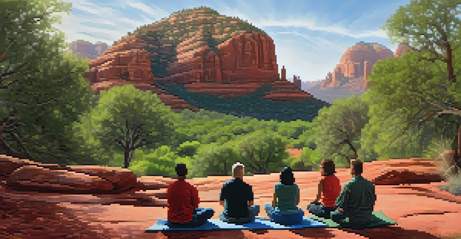 People meditating at Bell Rock vortex in Sedona, surrounded by red rocks and greenery under soft sunlight.