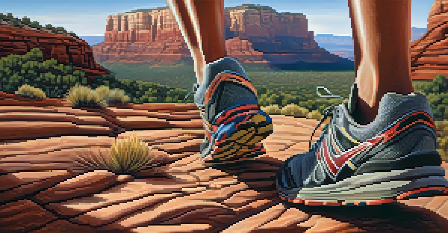 Close-up of a running shoe on a rocky trail with Sedona's red cliffs in the background, illuminated by a warm sunset.