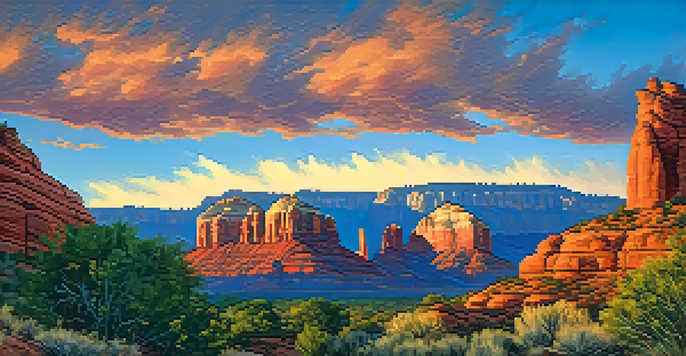 A scenic sunset view of Sedona's red rock formations with a hiking trail in the foreground.