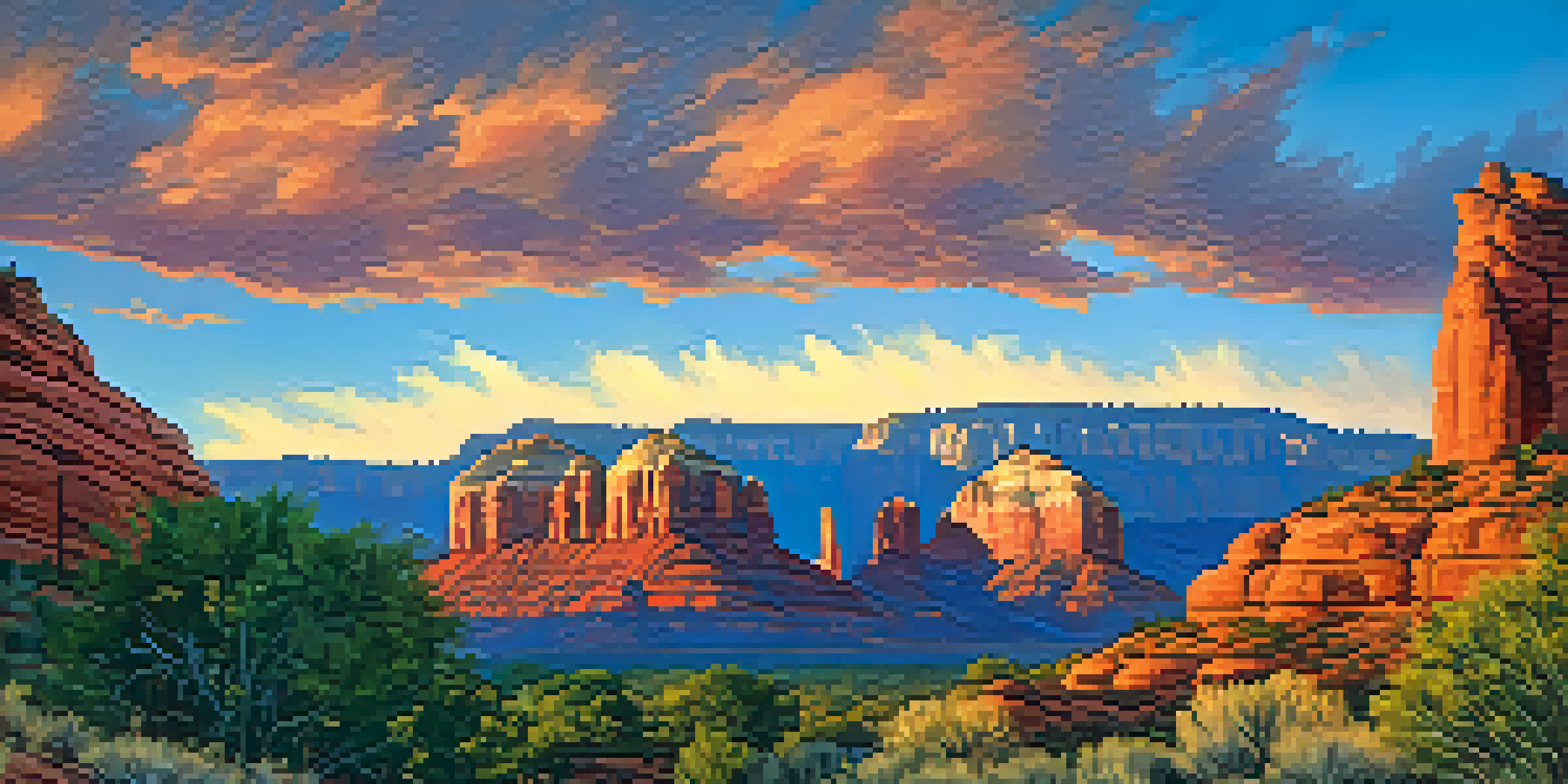 A scenic sunset view of Sedona's red rock formations with a hiking trail in the foreground.