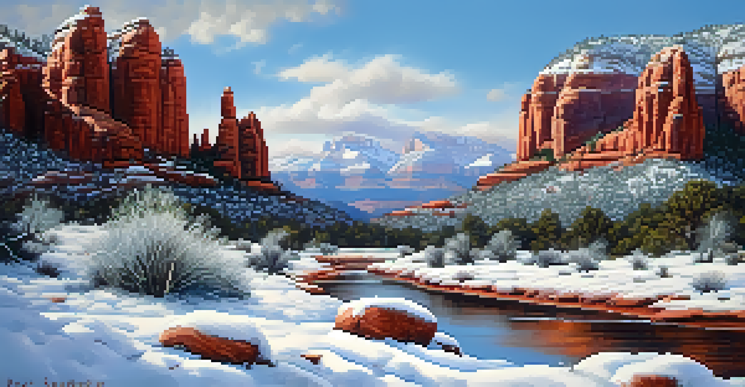 A tranquil winter landscape in Sedona with snow-dusted red rocks and pine trees under a pale blue sky.