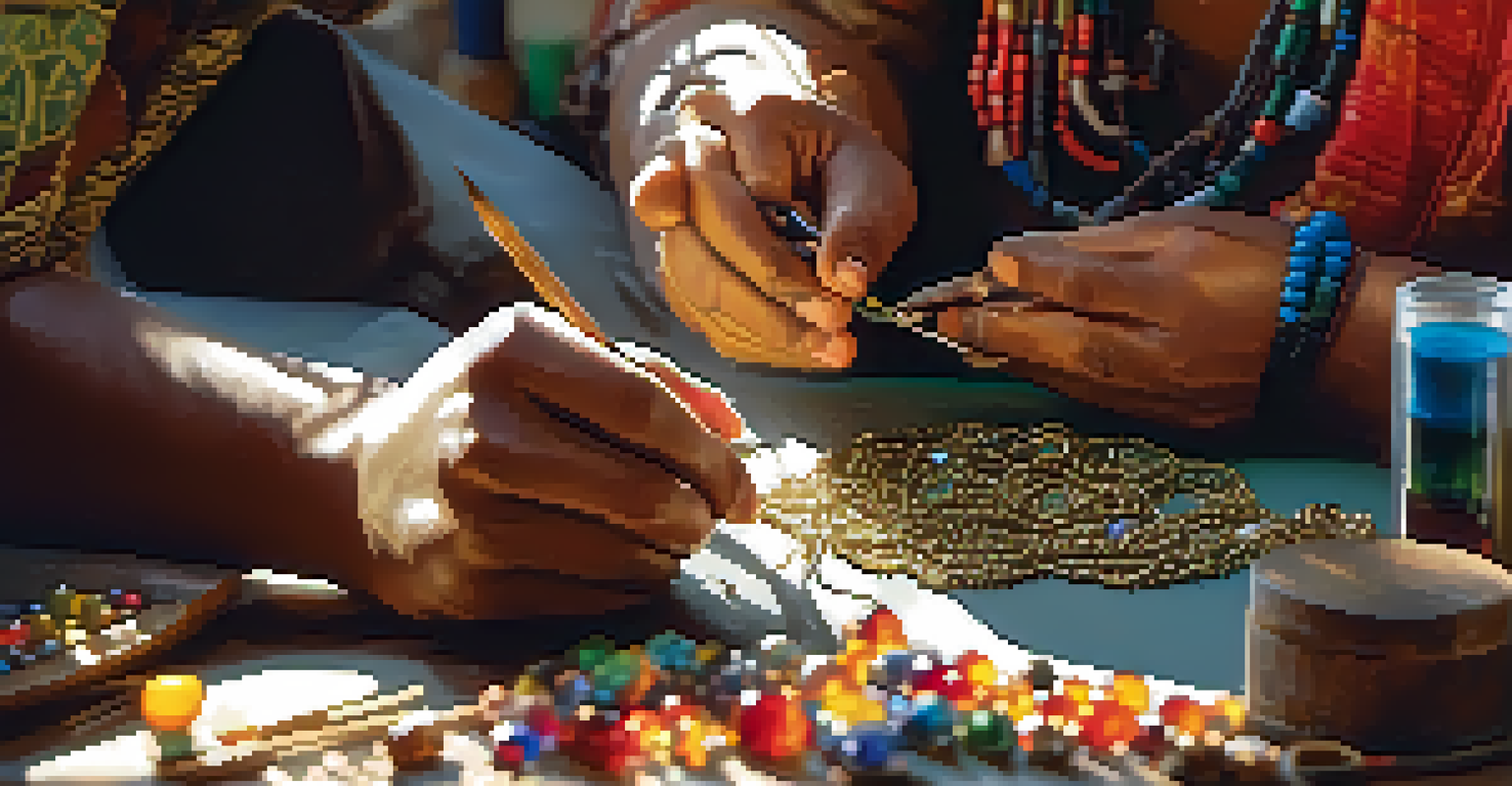 An artisan making jewelry with beads and tools, focusing on their craft in a sunny workspace.