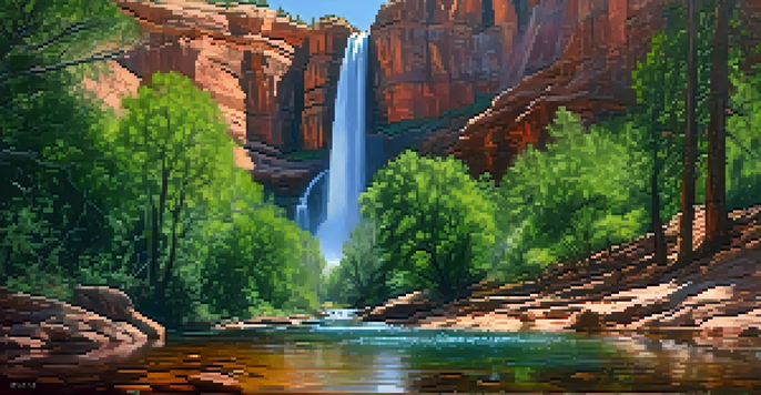 A beautiful waterfall at Oak Creek Falls in Sedona, with lush greenery and red rocks in the background, and a hiker admiring the view.