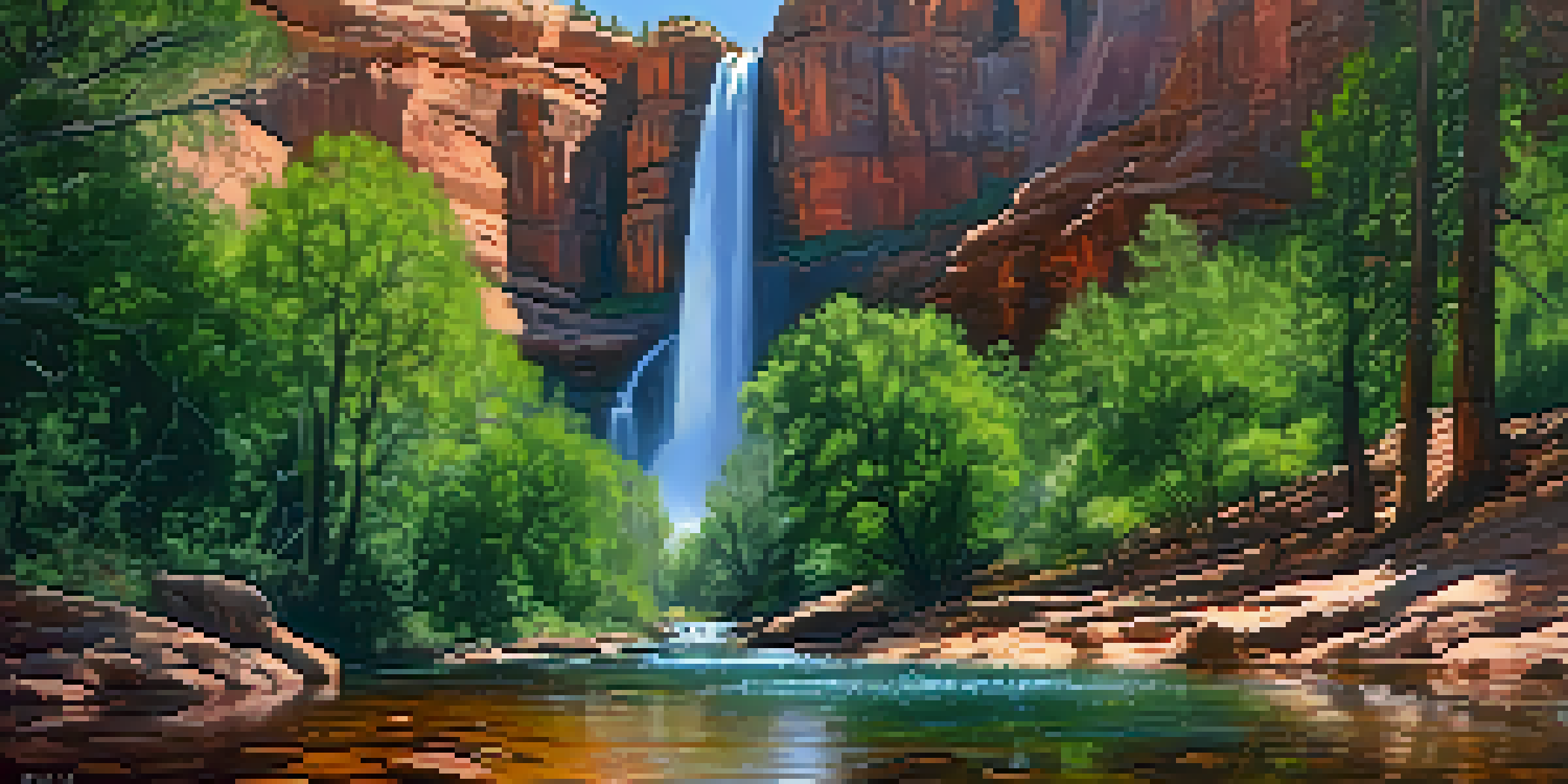 A beautiful waterfall at Oak Creek Falls in Sedona, with lush greenery and red rocks in the background, and a hiker admiring the view.