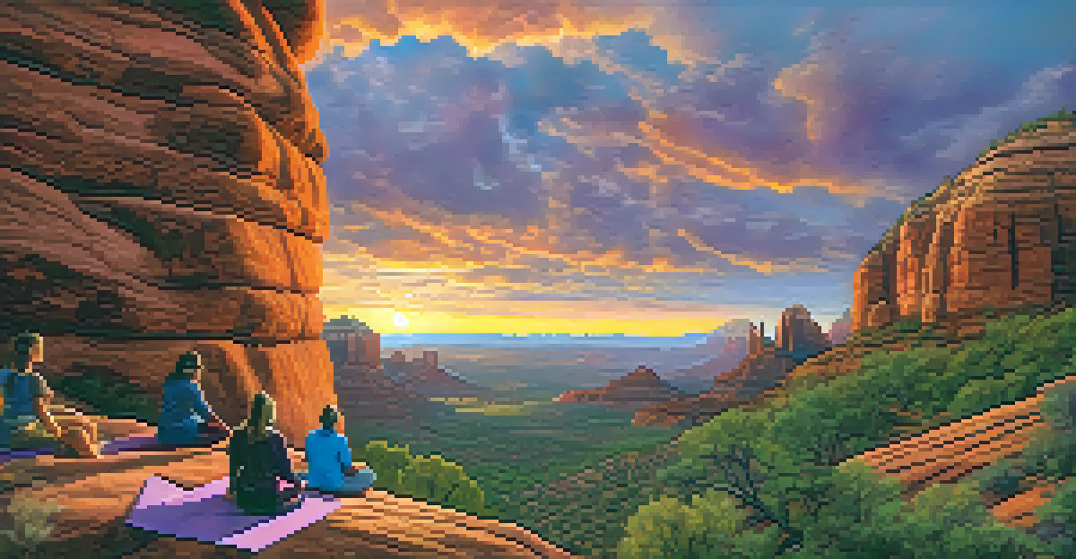 A colorful sunset in Sedona with people practicing yoga on a rock, showcasing the beauty and energy of the vortex site.