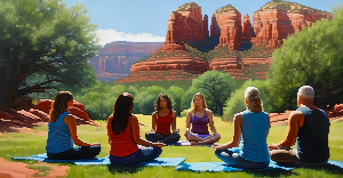 A diverse group of people meditating in a circle outdoors at a Sedona vortex, surrounded by nature.