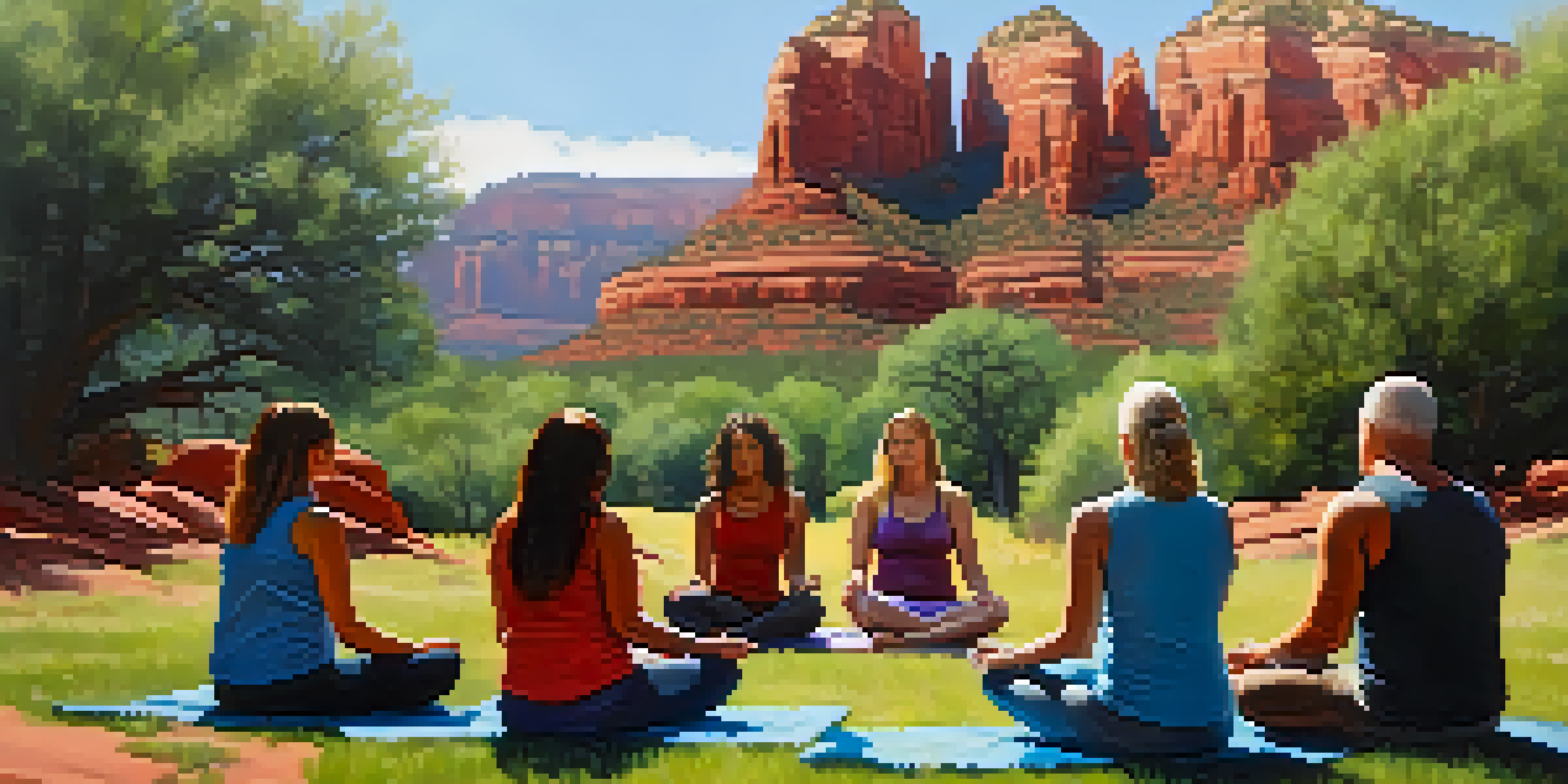 A diverse group of people meditating in a circle outdoors at a Sedona vortex, surrounded by nature.