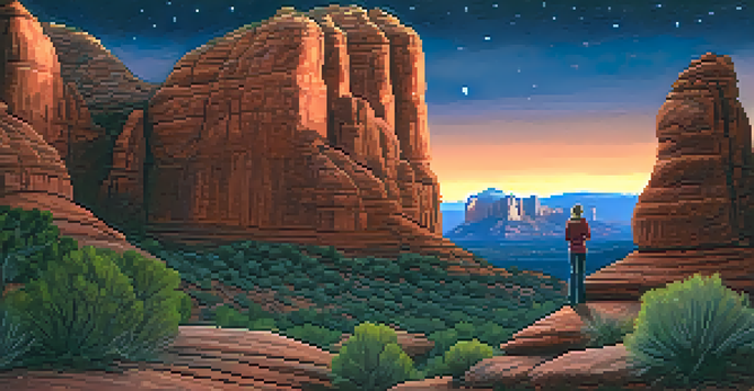 A stunning view of Sedona's red rock formations at night, with a hiker silhouette observing the sky.