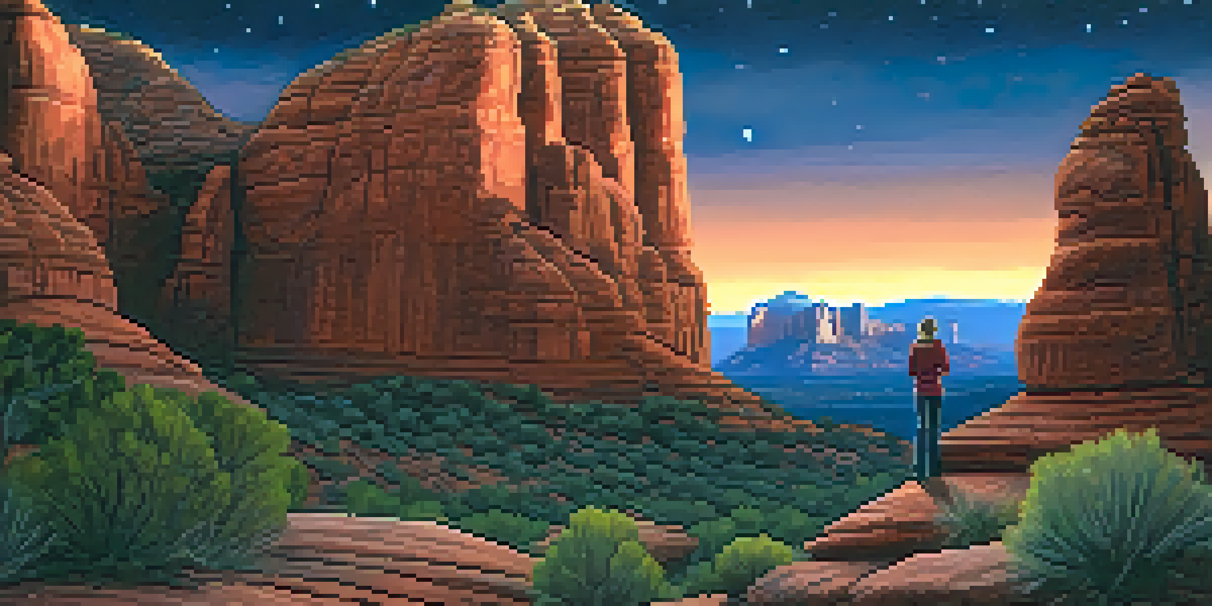 A stunning view of Sedona's red rock formations at night, with a hiker silhouette observing the sky.