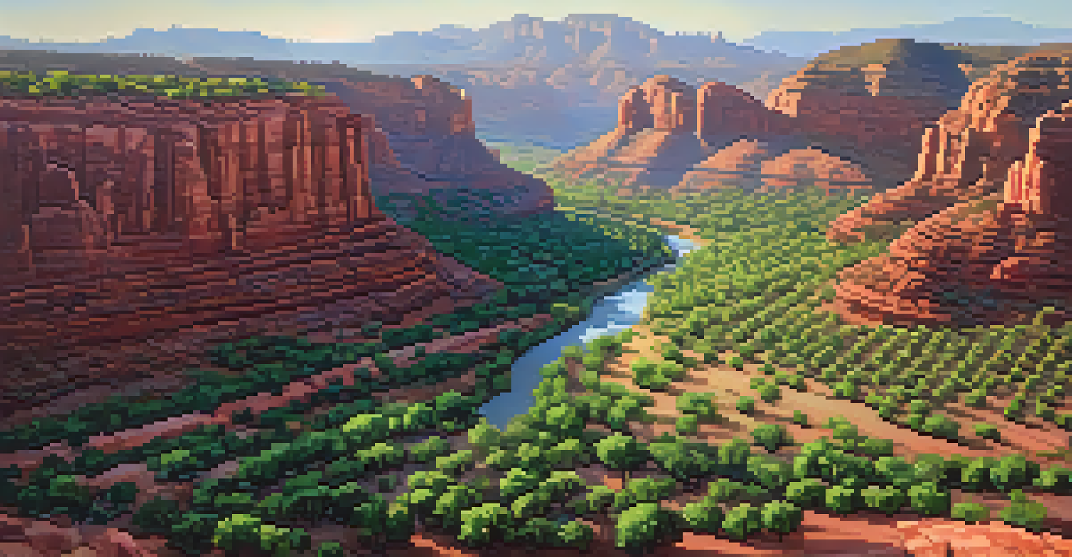 Aerial view of Verde Valley with lush greenery, winding river, and red rock cliffs of Sedona, illuminated by sunlight.