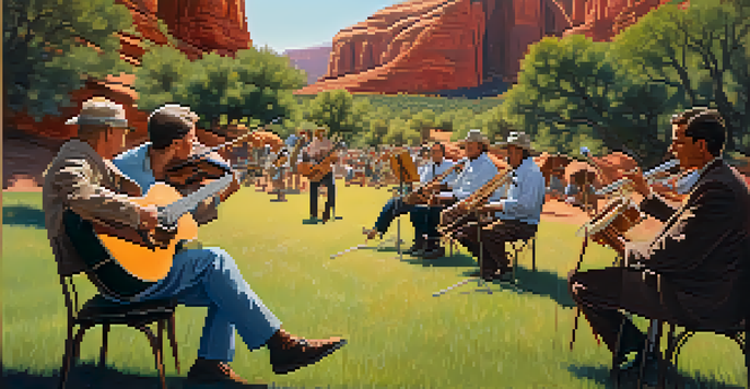 A group of musicians performing in a park with red rock formations in the background, surrounded by an audience enjoying the music.
