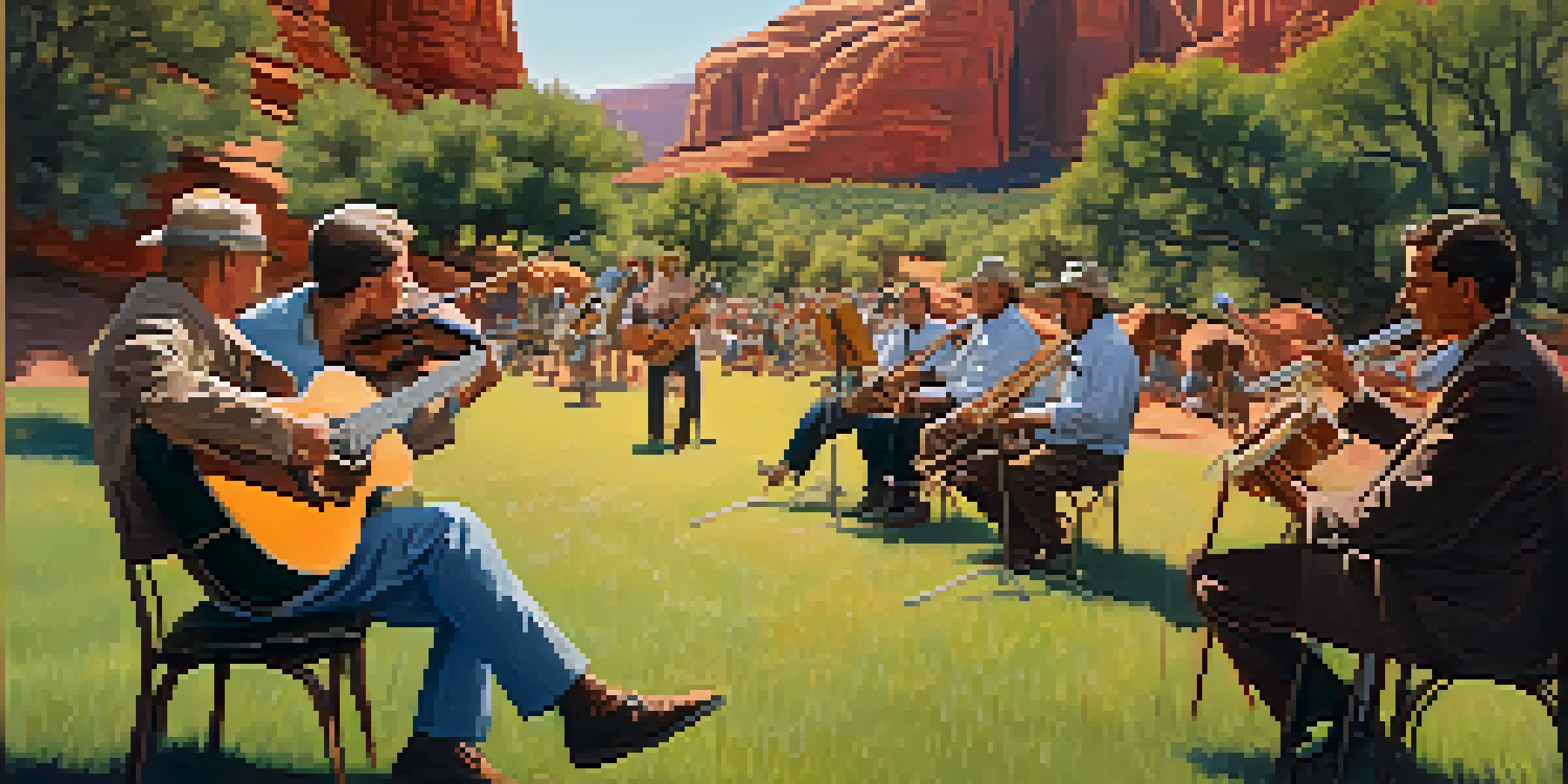 A group of musicians performing in a park with red rock formations in the background, surrounded by an audience enjoying the music.