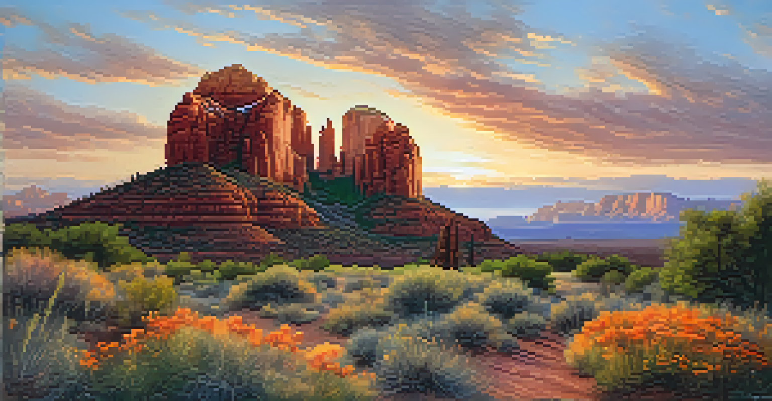 A view of Cathedral Rock illuminated by sunrise, with a winding trail and wildflowers in the foreground.