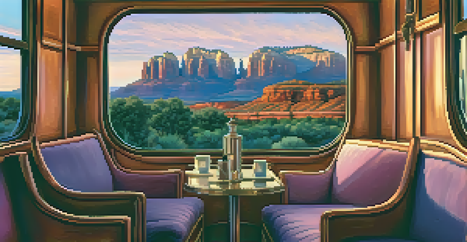 A scenic sunset view from inside a vintage train car in Sedona, with passengers admiring the colorful sky and red rock formations.