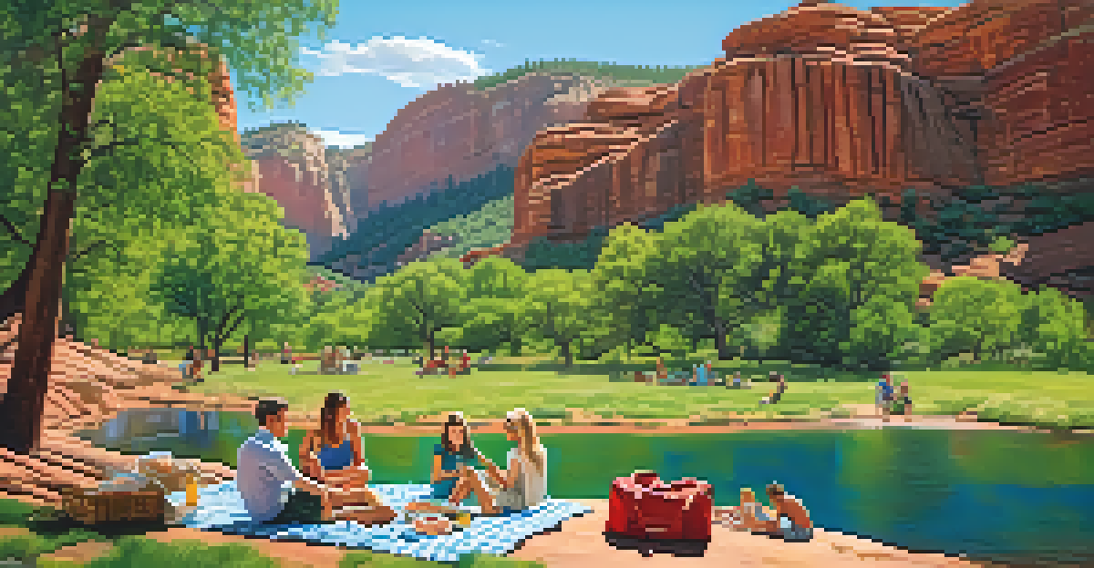 A family enjoying a picnic at Slide Rock State Park with red rock cliffs in the background.