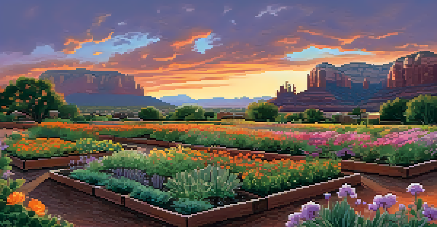 A beautiful sunset over a community garden in Sedona, highlighting blooming plants and silhouettes of gardeners against a colorful sky.