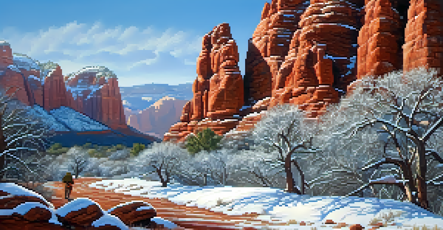 A climber on a snow-dusted rock face in Sedona during winter, with clear blue skies and falling snowflakes.