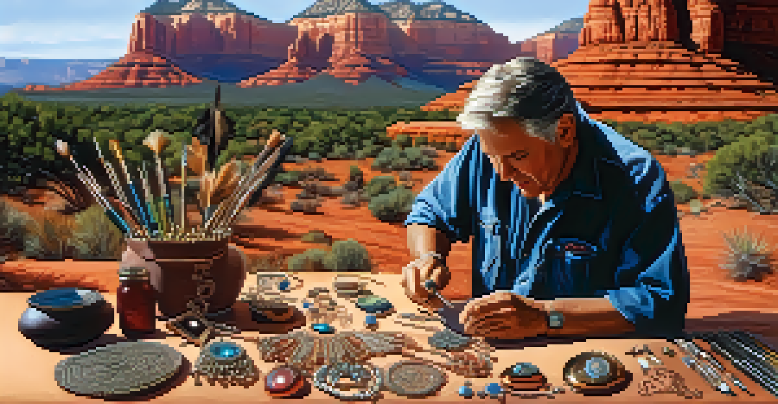 An artisan in Sedona working on jewelry, with tools and materials around them and the red rock formations in the background.