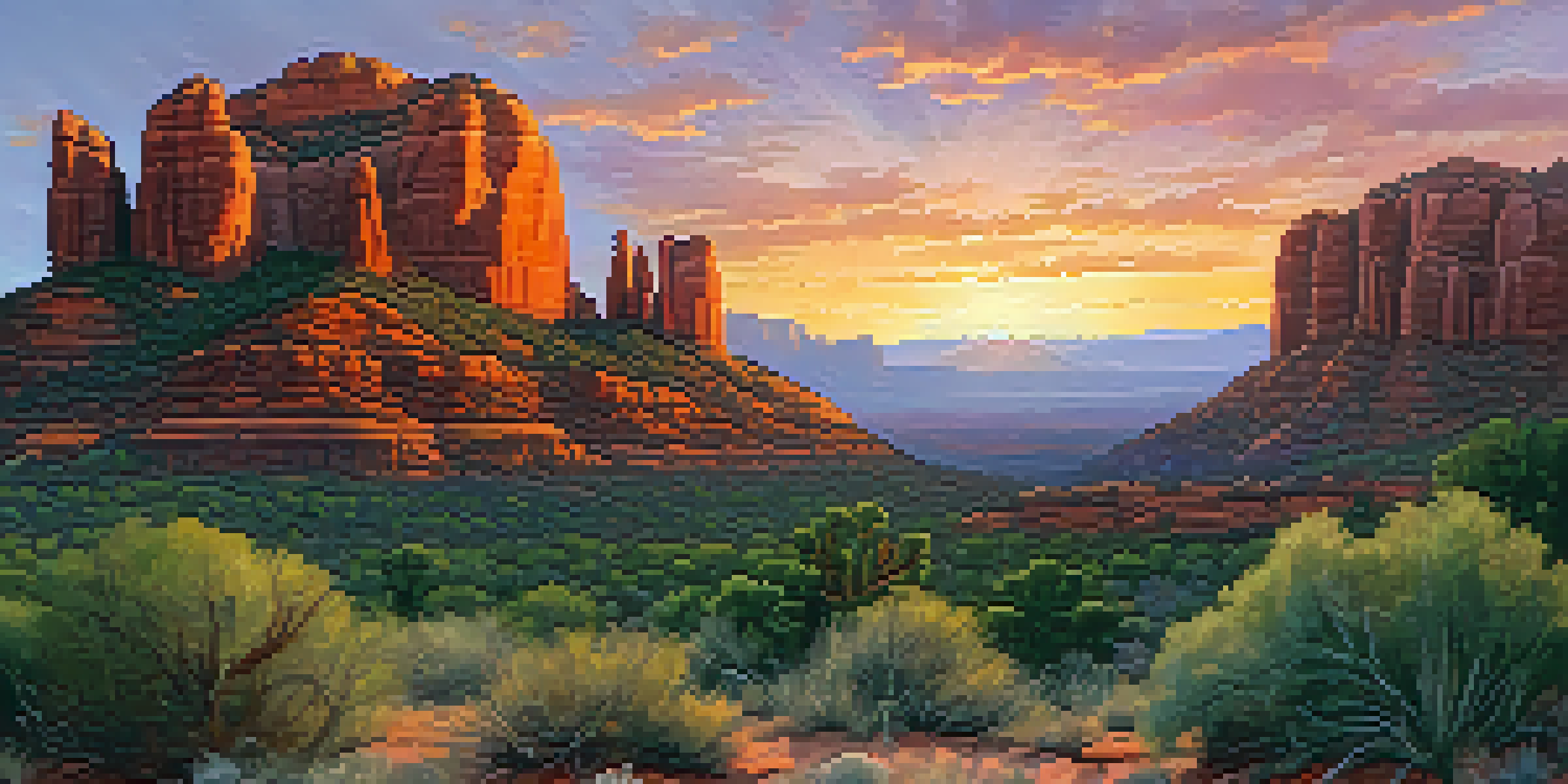 A stunning sunset over Cathedral Rock in Sedona, with vibrant sky colors and glowing red rock formations.