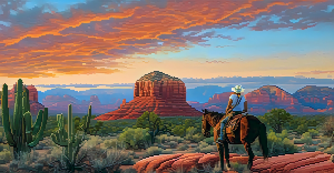A dramatic sunset over Sedona's red rock formations, with a cowboy on horseback in the foreground.