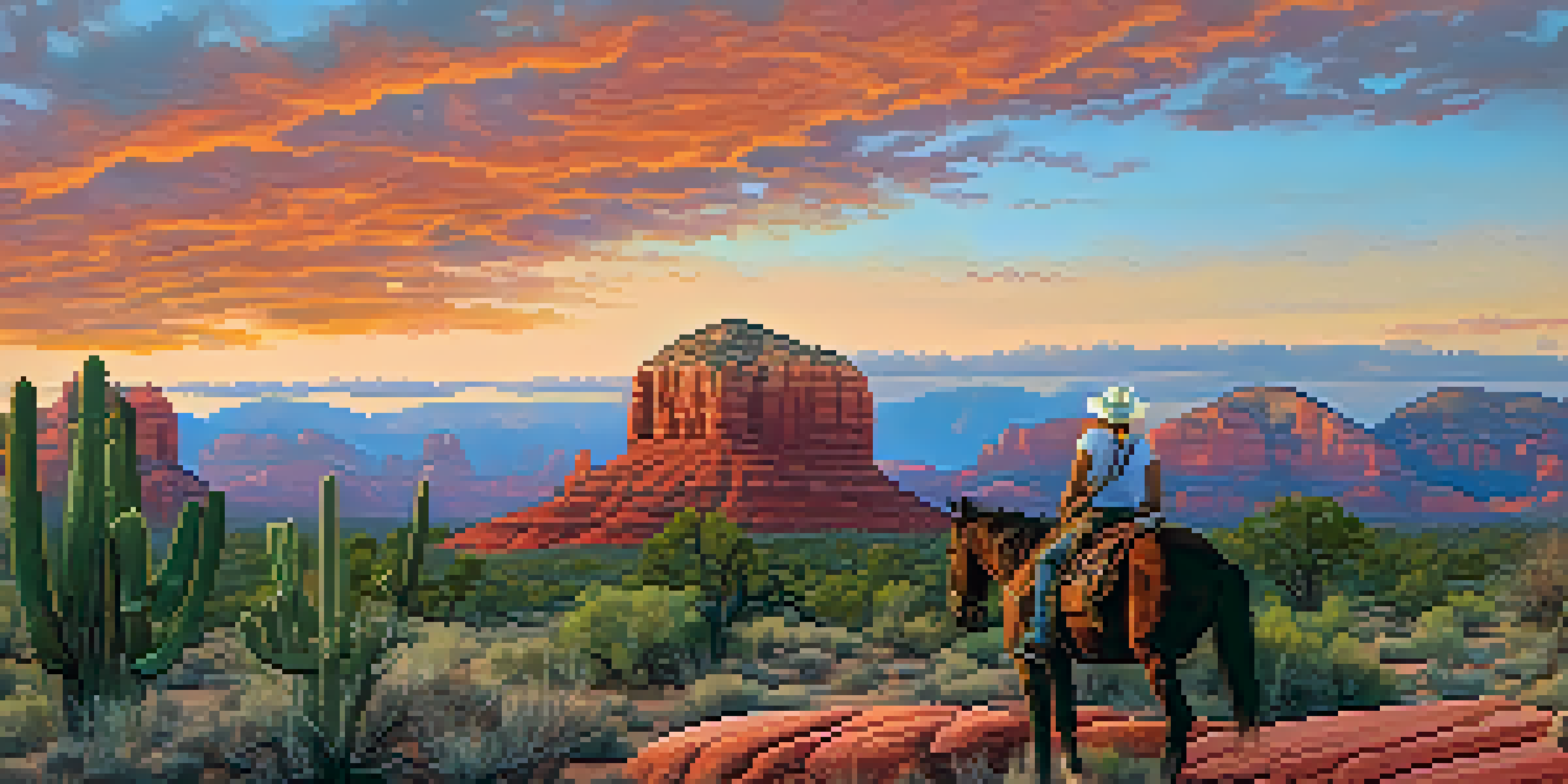 A dramatic sunset over Sedona's red rock formations, with a cowboy on horseback in the foreground.