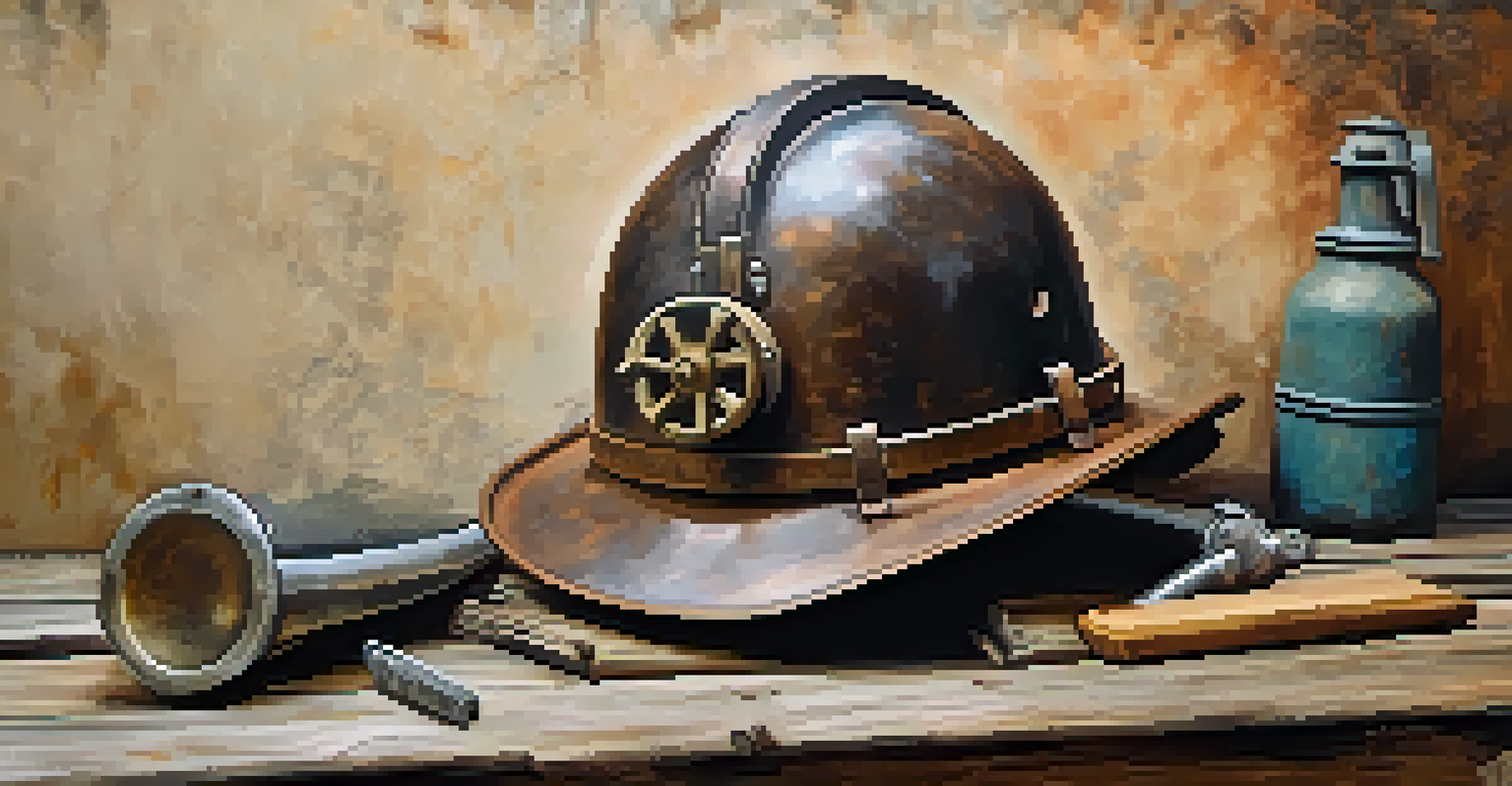A close-up of a rusty mining helmet on a wooden table surrounded by old tools and photographs.
