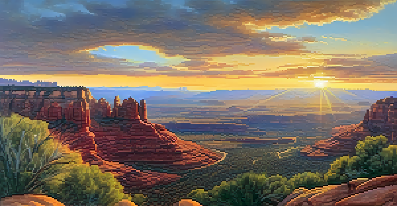A panoramic view from Airport Mesa in Sedona at golden hour, highlighting the vast landscape and warm colors.