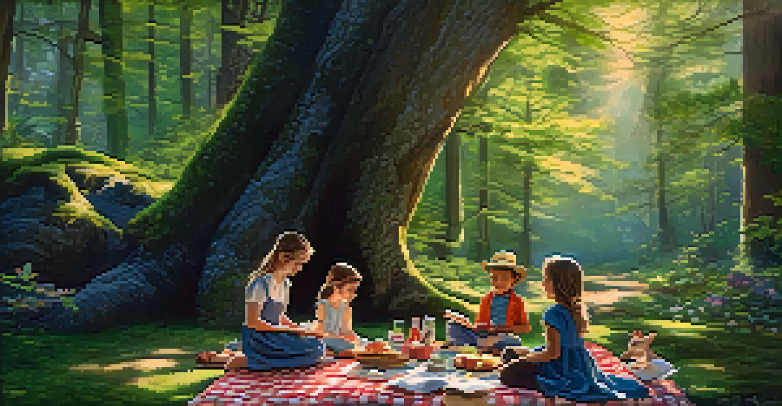 A whimsical picnic in The Enchanted Forest, featuring tall trees, moss, and a family enjoying a meal in a magical setting.