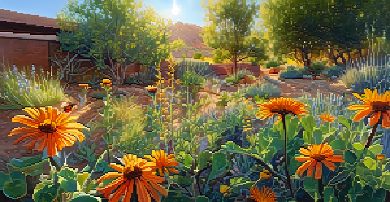 Close-up of native plants in a community garden, with bees and butterflies, showcasing vibrant colors and rich textures under dappled sunlight.