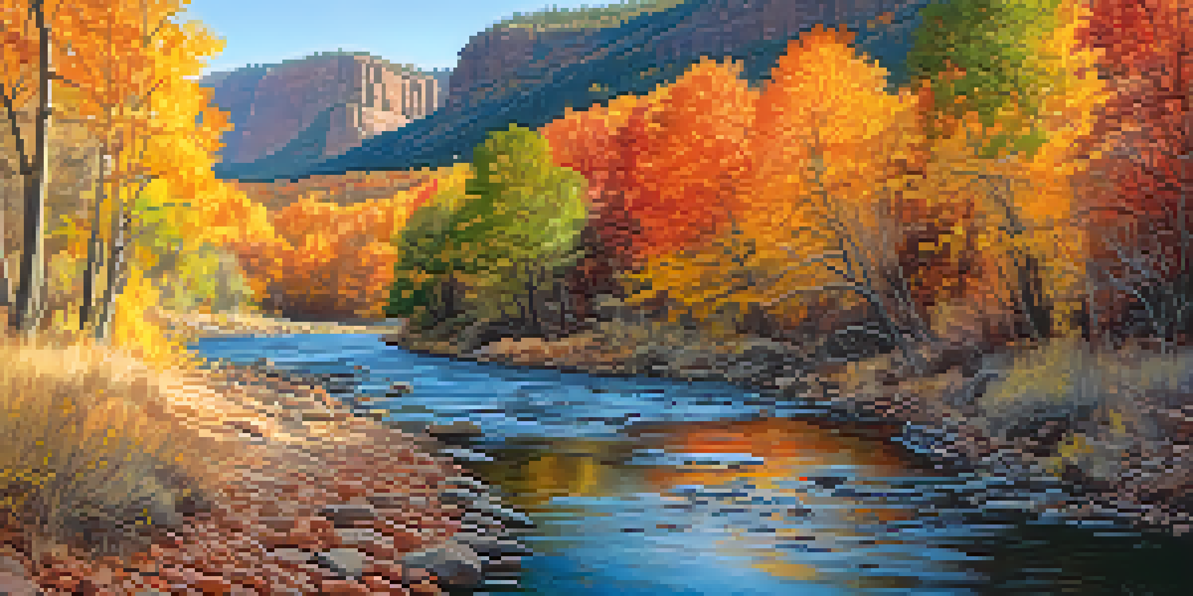 A panoramic view of Oak Creek Canyon in autumn, with colorful trees and a hawk soaring in the sky above.