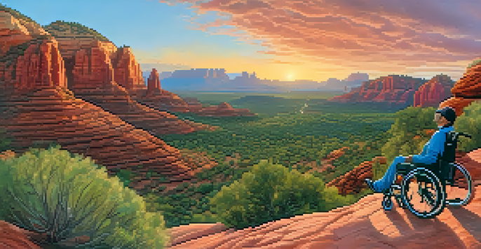 A sunset view of Sedona's red rock formations with a wheelchair user on a hiking trail surrounded by vibrant colors and greenery.