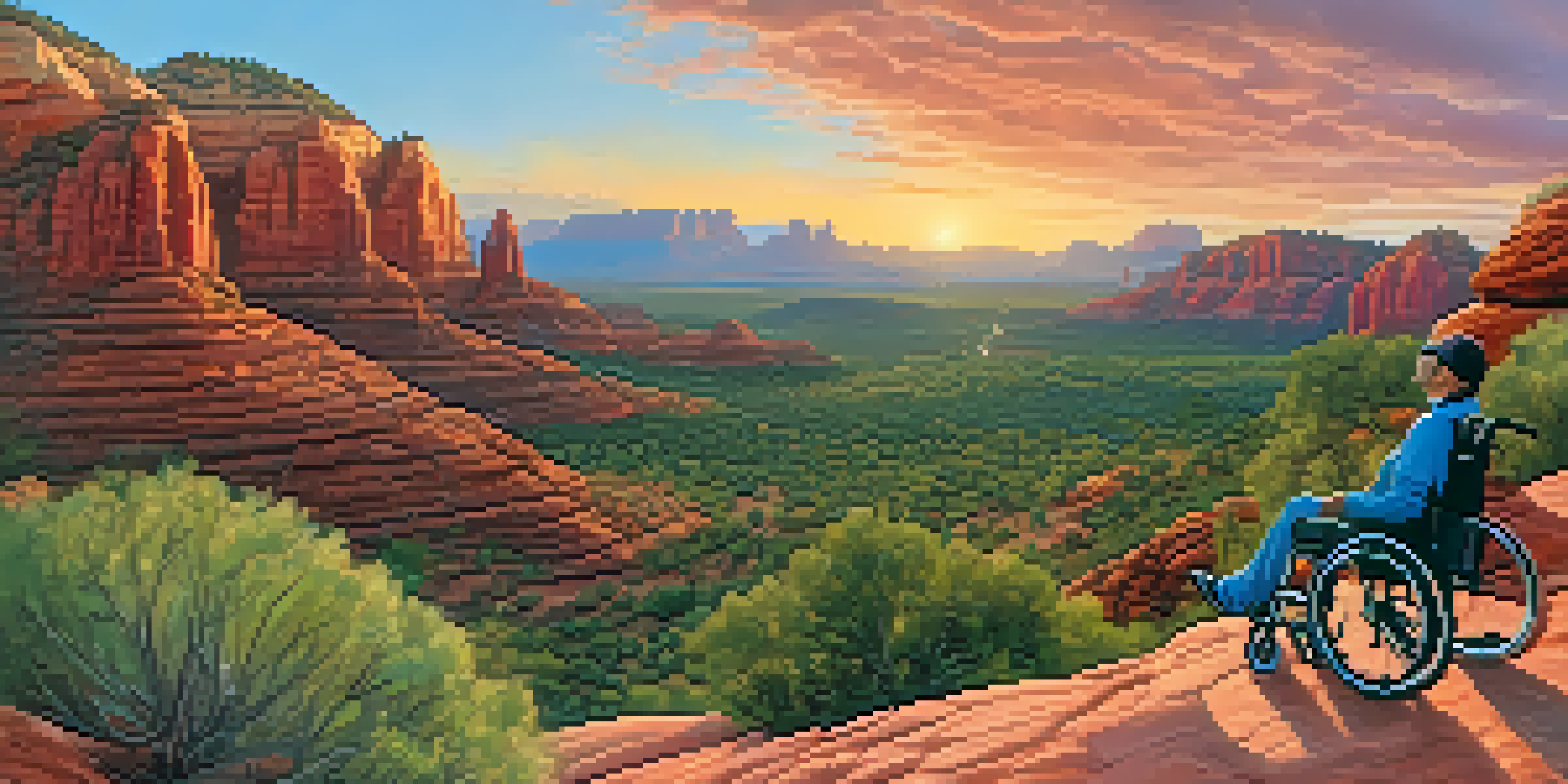 A sunset view of Sedona's red rock formations with a wheelchair user on a hiking trail surrounded by vibrant colors and greenery.