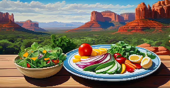 A colorful wellness salad on a wooden table with Sedona's red rock formations in the background.