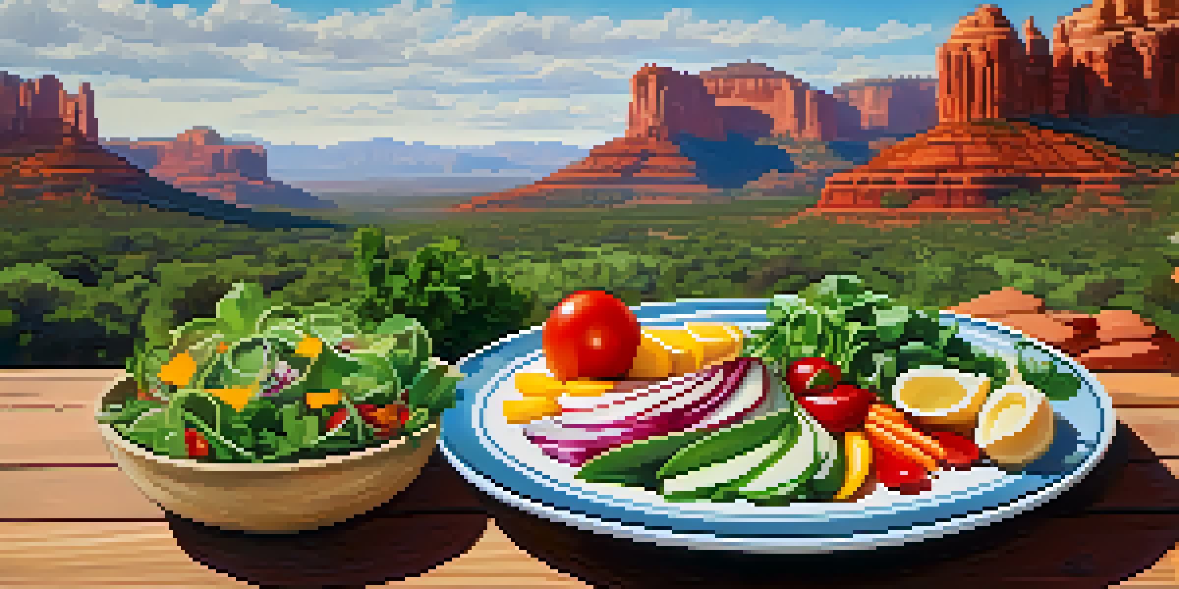 A colorful wellness salad on a wooden table with Sedona's red rock formations in the background.