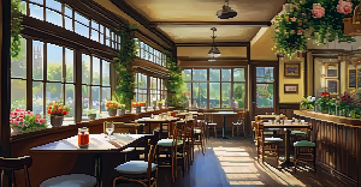Cozy interior of The Secret Garden Cafe with wooden tables and fresh flowers, bathed in warm sunlight.