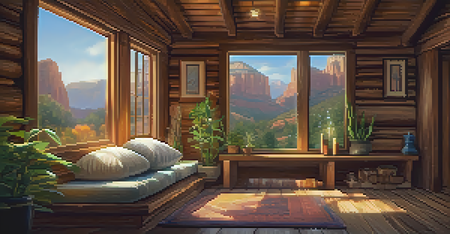 An inviting meditation space with cushions and candles inside a rustic cabin in Sedona, illuminated by sunlight.