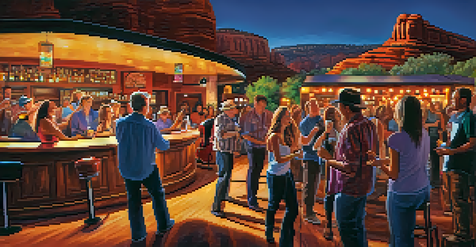 A local band performing on stage during a live music night in a Sedona bar, with an enthusiastic audience dancing and enjoying the show.