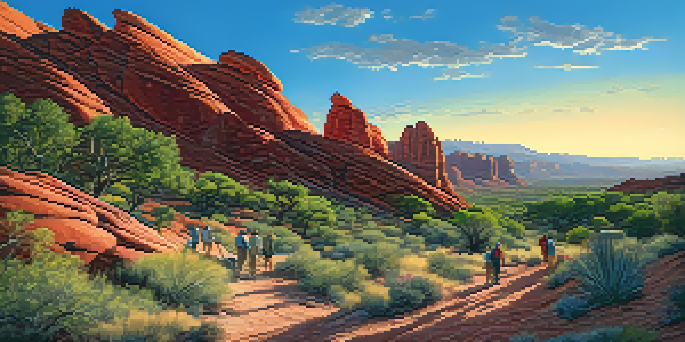 A picturesque view of Red Rock State Park with volunteers maintaining trails, surrounded by stunning red rock formations and vibrant greenery during sunset.