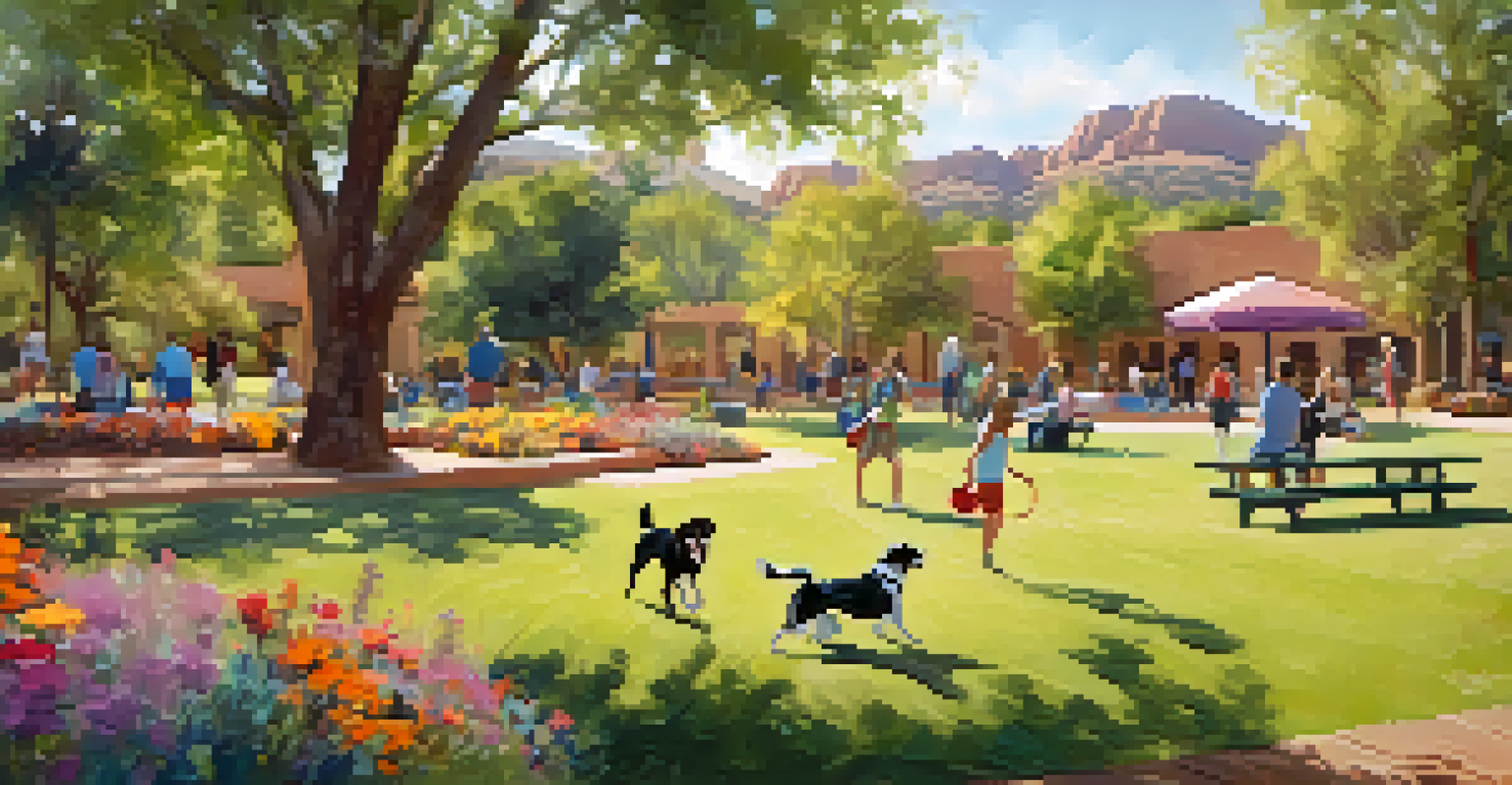 A joyful scene in a pet-friendly park in Sedona with dogs playing and a picnic setup under the sun.